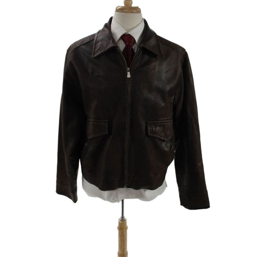 Calvin Klein Jeans Mens Bomber Jacket Brown Genuine Leather Zip Collared Size XL